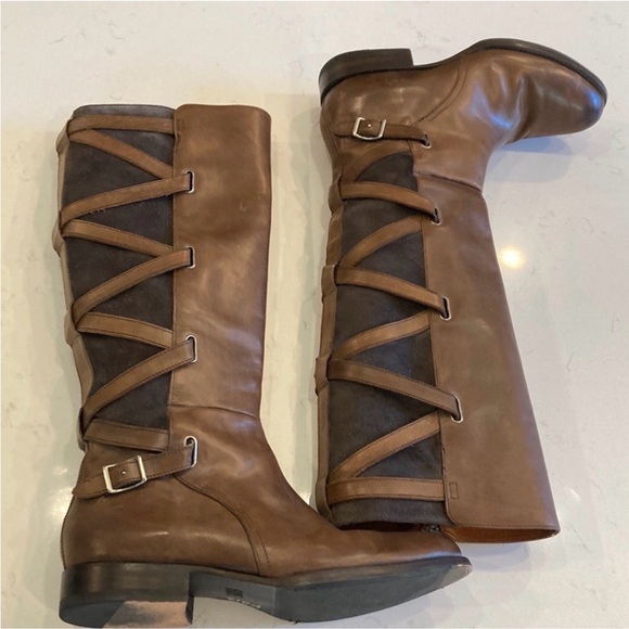 Frye Jordan Strappy Tall chocolate Brown Leather Riding Knee High Boots Size 9.5 - Picture 2 of 8